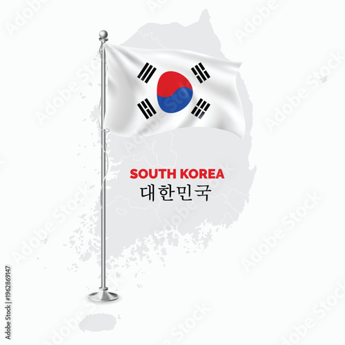 Waving flag of South Korea on flagpole. Template for independence day poster design, South Korea Flag with World Map Behind them on White Background