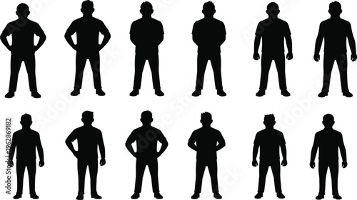 Collection of male silhouette figures in standing poses, men character set isolated for human illustration, design, and body posture reference use