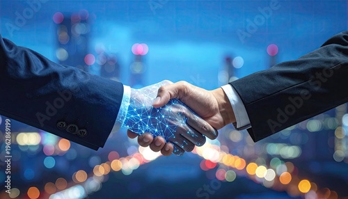 Futuristic handshake of two individuals against a city at night
