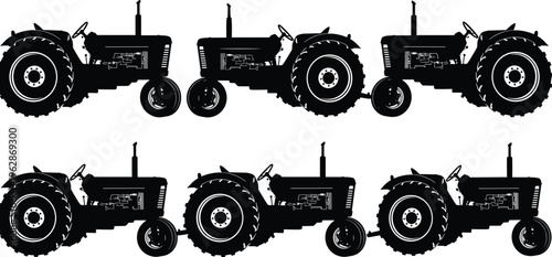 Collection of tractor silhouettes in side view, agricultural machinery set isolated for farming, rural transport, and heavy equipment design use