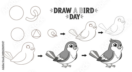 Step-by-step illustration of drawing a bird for Draw a Bird Day with vector graphics and simple design elements on a white background.