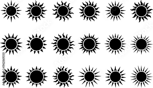 Set of Stylized Sun Vector Icons Isolated on White Background
