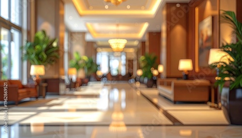 Out-of-focus shot of a grand hotel lobby, warm lighting, and foliage