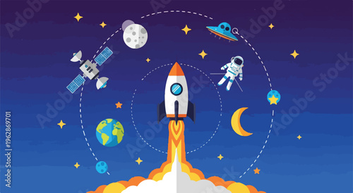 A cartoon-style illustration of space with a rocket, planets, and stars
