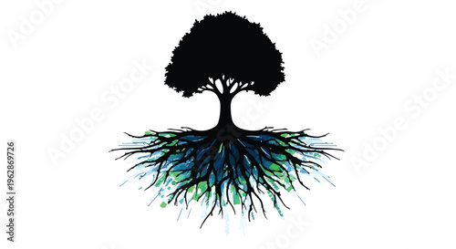 A stark black silhouette of a mature tree displays vibrant, watercolor-splashed roots colored in deep blues and bright greens, symbolizing deep connection.