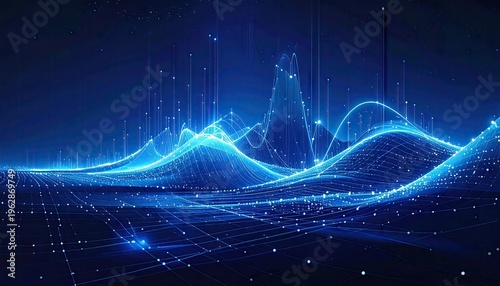 Abstract digital landscape of blue light trails and data streams