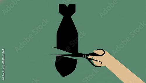Minimalist Illustration of Hand Cutting Bomb Silhouette with Scissors, Symbolizing Disarmament, Peace and Conflict Resolution in Bold Conceptual Vector Style.