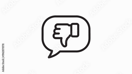 A black line drawing of a thumbs down in a speech bubble on a white background