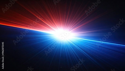 Red and blue beams converge with a bright white light in the middle