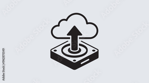 A black and white icon of a cloud uploading data to a server