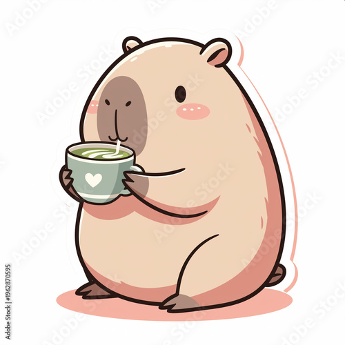 Cute capybara sticker drinking matcha latte