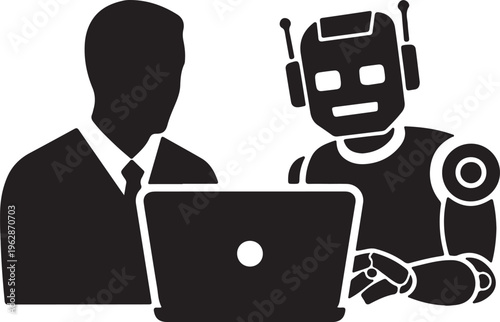 Artificial intelligence collaboration vector, businessman and robot working together on laptop, human and machine partnership icon isolated PNG with Transparent Background