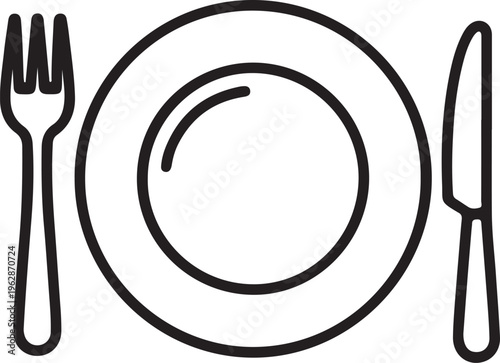 Minimalist plate with fork and knife vector icon, simple dinner place setting line art, restaurant and dining cutlery symbol isolated PNG with Transparent Background