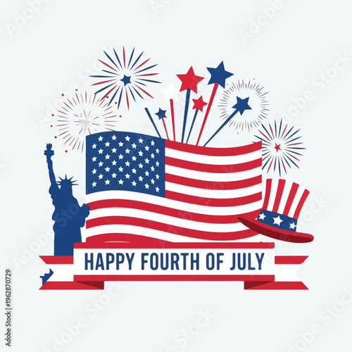 Patriotic holiday illustration featuring an American flag, fireworks, and statue