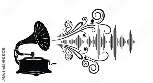 Vintage gramophone emits decorative sound waves and ornate patterns, symbolizing the richness of music and artistic expression.