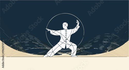 A stylized geometric illustration portrays a person gracefully executing a Tai Chi pose, enveloped by a subtle circular motif and abstract wavy patterns, set against a calming dark blue and beige.