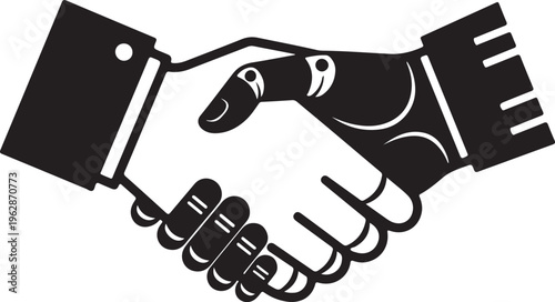 Robotic and human handshake vector icon, artificial intelligence collaboration concept, black and white cyborg and businessman partnership illustration isolated PNG with Transparent Background