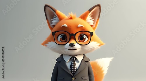 Fluffy Fox Character Wearing Formal Suit And Glasses Professional Look Minimal Background 3D Illustration
