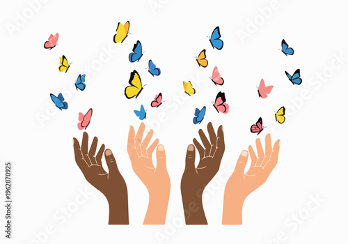 Symbolic representation of unity and freedom diverse hands releasing a swarm of colorful butterflies into the sky, signifying hope and new beginnings