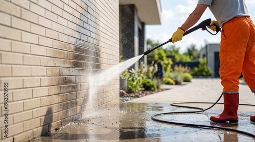 Worker using pressure washer to clean brick wall outside house. High pressure water jet removing dirt from exterior surface. Home maintenance and cleaning service concept.
