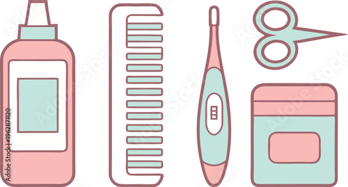 Professional baby grooming kit with thermometer comb and scissors in line art style vector,Generative Ai