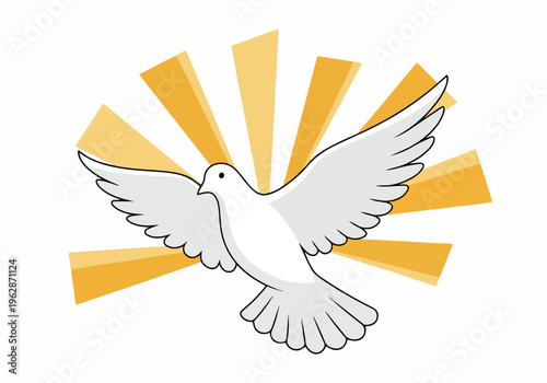 A white dove flying with radiating light, symbolizing peace, hope, and spiritualism, rendered as a clean illustration