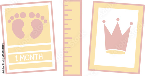 Cute baby milestone cards with monthly footprints and crown in flat design style vector,Generative Ai