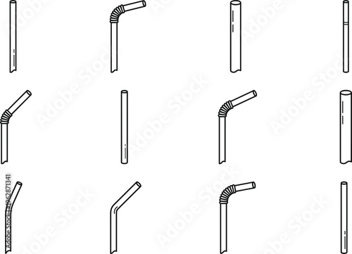 Set of minimal bent drinking straw line icons isolated collection with different angles reusable plastic beverage tube designs