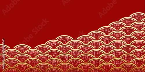 Golden scales adorn a vibrant red background in a decorative pattern