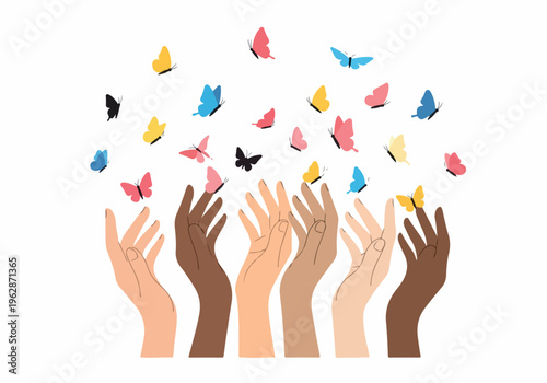 A multitude of colorful butterflies gracefully ascending from diverse hands reaching upwards, symbolizing hope, freedom, and unity
