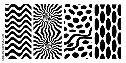 Optical illusion patterns wavy spiral spots and elongated shapes