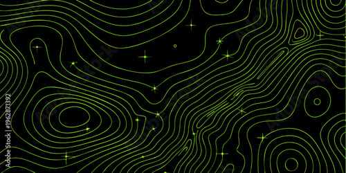 Abstract topographic map with glowing lines and scattered star like sparkles