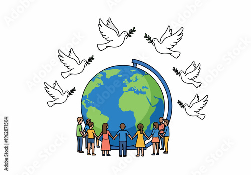 A circle of diverse people holding hands around a globe, with peace doves flying overhead, symbolizing global unity and harmony