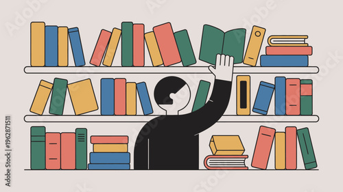 A man in a black shirt reaching for a book on a colorful bookshelf in a library or bookstore