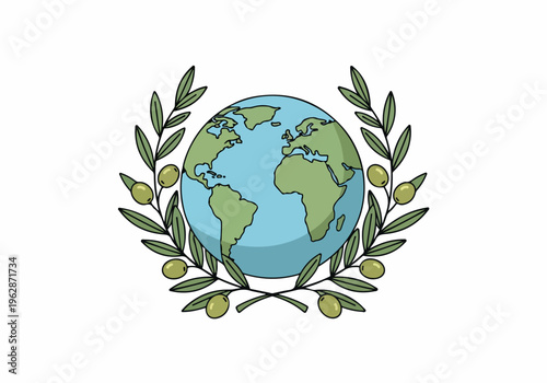 Green Earth surrounded by olive branches and leaves, symbolizing peace and global connection