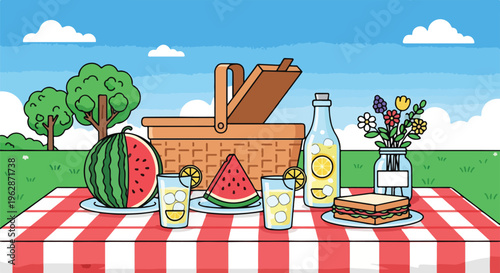 A cartoon-style picnic scene with food, drinks, and a basket on a red-checkered table