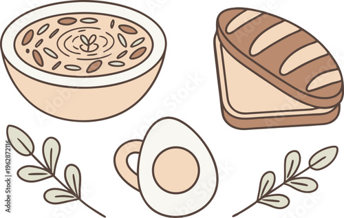Healthy Morning Breakfast Set with Cereal Bowl Bread and Egg in Flat Style vector,Generative Ai