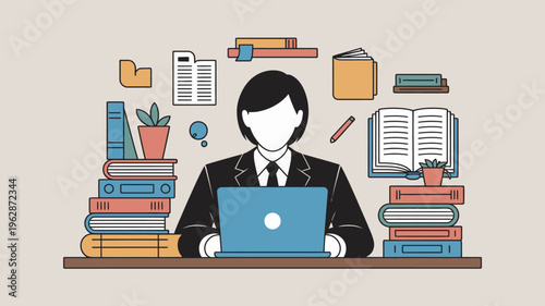 A woman in a business suit sits at a desk surrounded by stacks of books and uses a laptop for research or work.