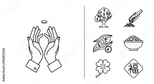 Black and white outline icons showing blessing hands, prosperity symbols, wealth flow, rice pouring, and good fortune elements for New Year.