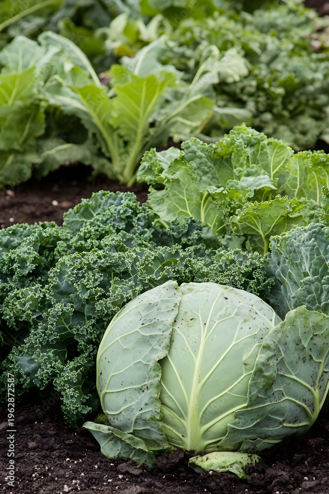 Naklejka premium Cabbage kale and collard greens growing in garden bed