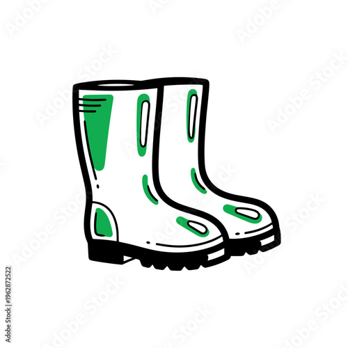 Green rubber boots with black soles in a cartoon style