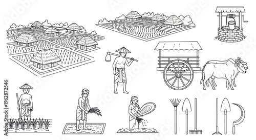Black and white outline icons of rural Sri Lankan village life including paddy fields, huts, wells, ox cart, and farming lifestyle.