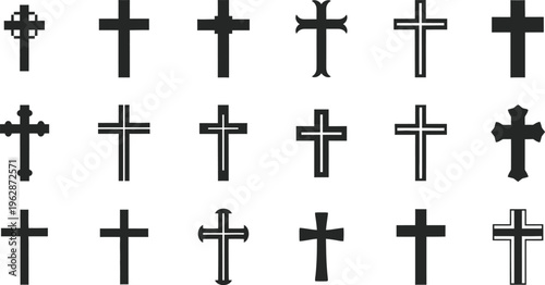Assortment of Eighteen Black Christian Cross Icons in a Grid on White christianity