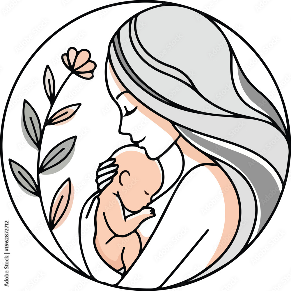 Obraz premium Minimalist Mother and Newborn Baby Circle Illustration Tender Motherhood Love