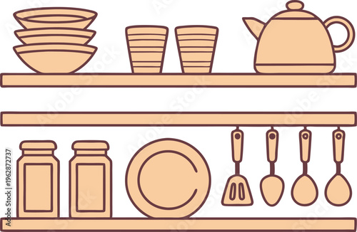 Organized Kitchen Shelves with Dishes Tea Pot and Cooking Utensils in Flat Style vector,Generative Ai