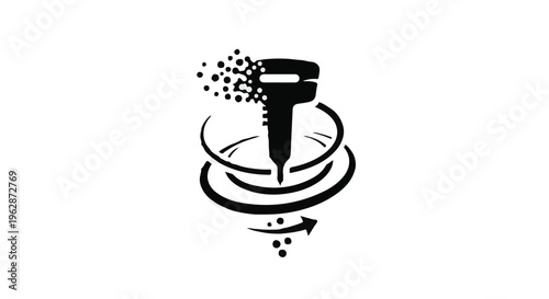 Black silhouette icon of a rotary hammer drill pulverizing dust particles in a dynamic, swirling motion against a stark white background illustrating tool function.