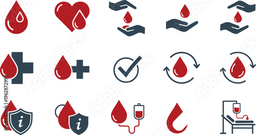 Blood Donation Icons Featuring Drops Hands Heart Medical Symbols and Patient healthcare