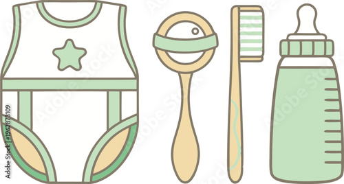 Newborn Baby Care Kit with Feeding Bottle Diaper Rattle and Toothbrush in Flat Style vector,Generative Ai