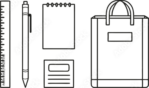 Back to School Stationery Set with Notebook Pen Ruler and Bag in Clean Line Art Style vector,Generative Ai