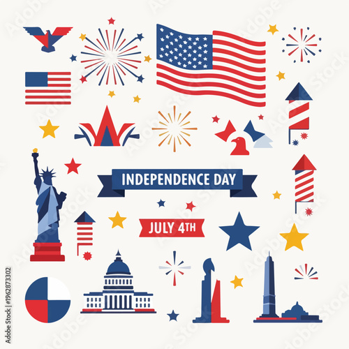 Patriotic illustration featuring iconic symbols like the flag, fireworks, and more